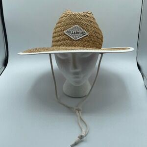 Billabong Straw Sun Hat Wide Brim White Trim Chin Strap Beach Vacation
